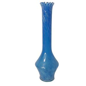 Vintage Hand Made Genuine Hand Blown Swung Art Glass Vase Blue 10" Flowers